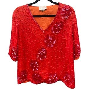 Red sequin flower top VTG silk size small sequined, beaded scalloped